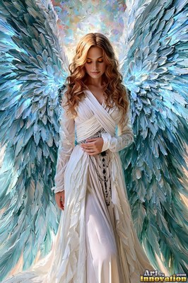 A blonde woman in a pale white dress stands with large light blue feathered wings