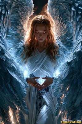 In dark space, a winged woman dressed in a white gown folds her hands before her chest