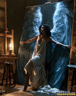 Woman wearing a white dress posing before a canvas of blue wings