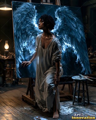 Wearing a loose gray gown, a woman sits in a dark studio before a canvas of blue wings