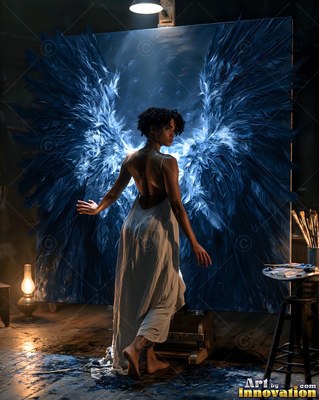 A woman stands before a large dark blue painting of feathered wings, lit by a single overhead lamp