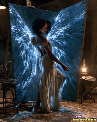 Turned away in an artist studio, a woman poses before blue painted wings