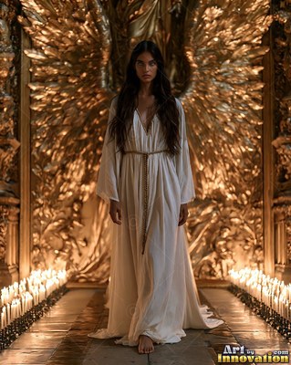 A barefoot woman wearing a pale white dress walks past candles before giant gold wings