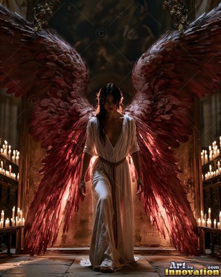 In a dim candlelit room, a woman with large red wings walks in a white dress