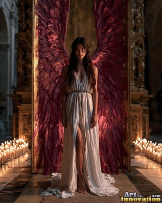 Standing in candlelight, a woman with tall red wings wears a slit pale white dress