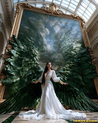 A woman in a white gown stands before green wings in a hall
