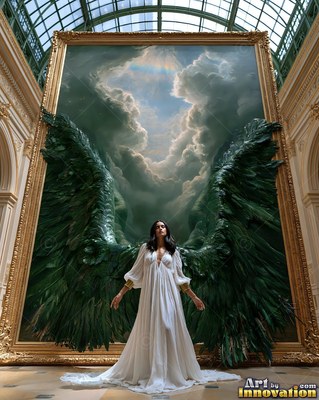Flowing white gown on a woman standing before green feathered wings inside a skylit museum hall