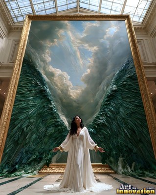 A woman in white stands with open hands before deep green wings in soft light