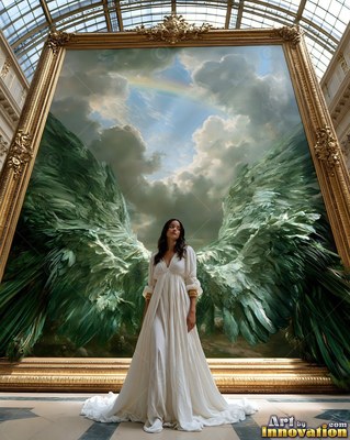 Standing in a hall, a woman in a simple white dress has large green wings