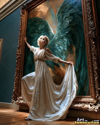 A woman in a white gown steps out from a large frame with green angel wings