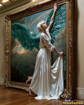 Inside a gallery frame, a winged woman in a pale plain white dress steps out onto the floor