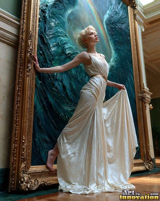 Stepping out of a large gold frame, a barefoot blonde woman poses in an ivory gown