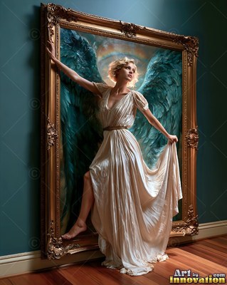 Winged woman dressed in a white dress stepping out of a frame