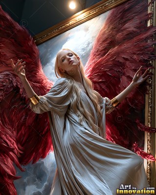 Draped in a silver silk gown, a winged blond woman steps out from a framed sky