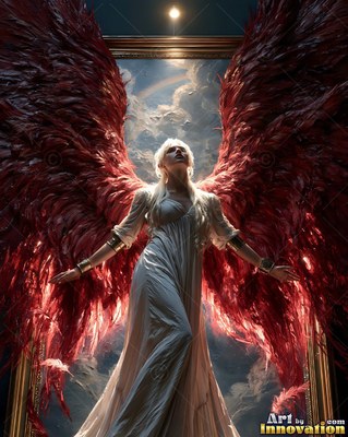 A woman extends her deep red wings while bright sunlight shines from above