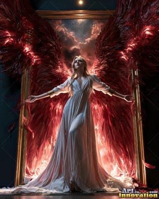 Stepping out of a golden frame, a winged woman in a white dress opens her arms