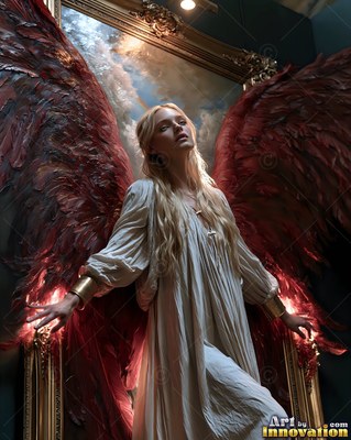 A blonde woman in a cream dress steps out of a gold frame with dark red wings