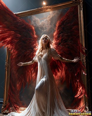 Before a gold frame, a woman wearing a white gown steps forward with red wings