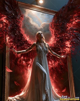 Stepping out of a gilded frame, a woman in a white gown spreads dark red wings