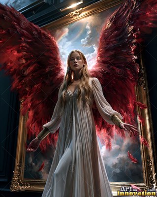 Blonde woman in a white gown with red wings stepping out of a frame