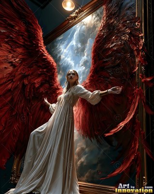 In a white dress, a woman with deep red wings steps out from a large framed sky painting