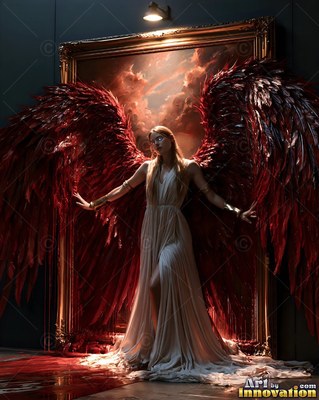 A woman steps from a framed canvas with wide crimson wings in warm overhead light
