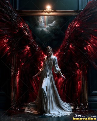Standing tall in a dark room, a woman has large red wings and a white gown