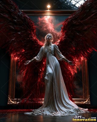 A woman in a long white gown steps out from a framed painting with huge red wings
