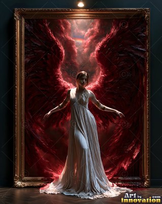 Before a large gold frame, a woman in a pale plain white dress steps out with red wings