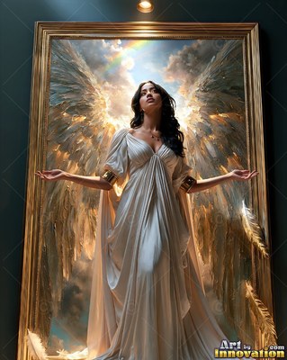 Stepping from a gold frame, a winged woman in a white gown opens her arms