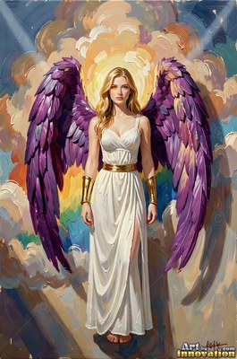 Blonde woman in a pale plain white dress with purple wings