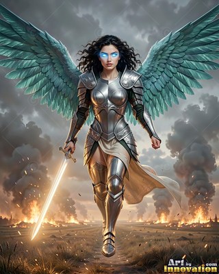 On a smoking battlefield, an armored feathered woman marches with a sword