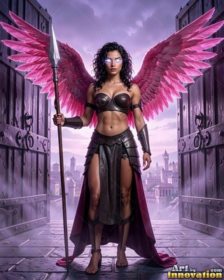 Pink-winged woman in dark leather armor holds a spear in front of wooden city gates