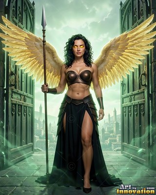 Standing in open gates, a woman with wings in bronze armor grasps a tall spear