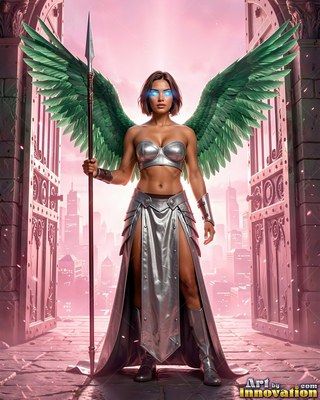 Holding a spear, an armored woman with green wings stands in a tall gateway