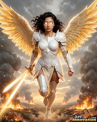 Woman with wings in white armor walks forward with a shining sword