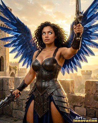 A woman in black armor raises a sword with blue wings atop stone castle walls