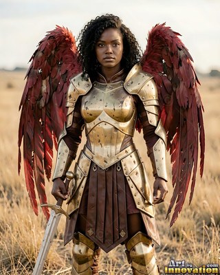 Standing in a field, a woman in golden armor carries a sword with red wings open