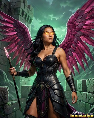 A woman in dark armor carries a spear with pink wings outside stone ruins