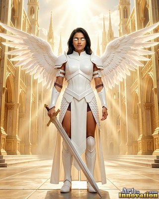 Woman in white armor with wings holds a sword in a bright hall