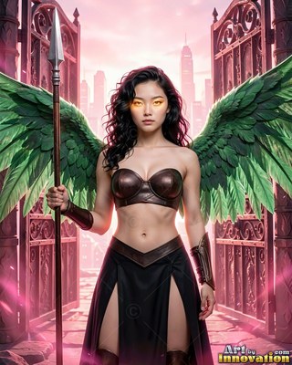 Green wings spread from a woman holding a spear before tall open gates and a hazy city