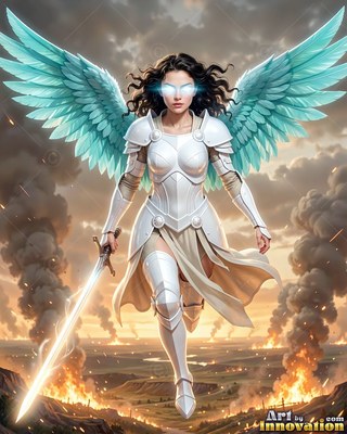 A woman with wings in white armor strides forward with bright teal wings