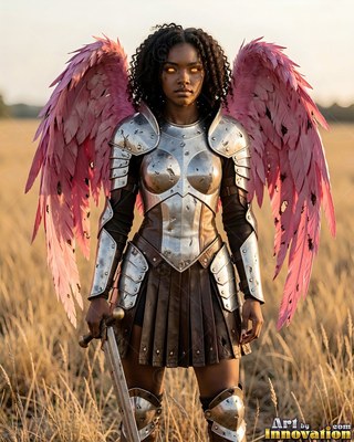 Standing in an open field, an armored woman grips a sword with pink wings