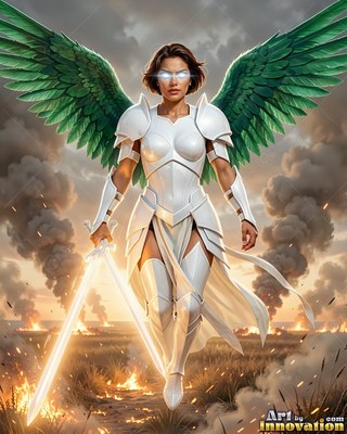 A woman in white armor with green wings walks forward with two swords