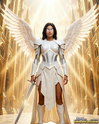 In a bright golden hall, a winged woman in white armor stands holding a sword
