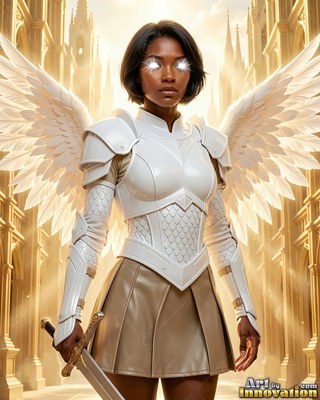 Holding a sword, a winged Black woman in white armor stands in a sunlit hall
