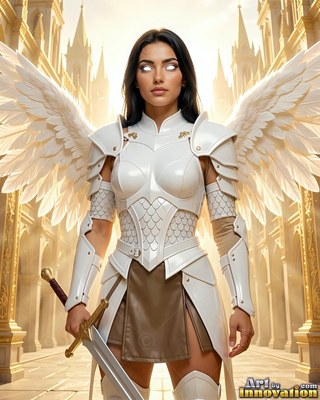 Winged woman in white armor holding a sword