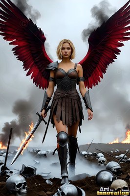 A woman with red wings holds a flaming sword on a smoky battlefield