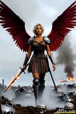 In steel armor with red wings, a woman walks across a smoky battlefield holding a burning sword