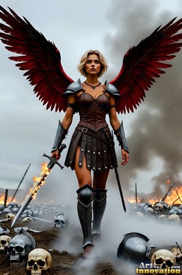 Walking forward on a foggy battlefield, a feathered woman carries a burning sword